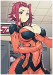  1girl biker_clothes bikesuit bodysuit breasts brown_eyes bursting_breasts cleavage covered_nipples delux_drawings english_commentary gloves izayoi_aki large_breasts official_alternate_costume racing_suit red_hair short_hair short_hair_with_long_locks sidelocks skin_tight skindentation undersized_clothes yu-gi-oh! yu-gi-oh!_5d&#039;s 