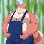  2023 absurd_res anthro canid canine canis clothing domestic_dog farmer hi_res humanoid_hands kemono korouxus male mammal musclegut nipples overalls solo 