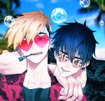  2boys black_hair black_shirt blonde_hair bubble collarbone collared_shirt day earrings facial_hair gaeha_is heart heart-shaped_eyewear highres jewelry looking_at_viewer male_focus mouth_hold multiple_boys nicholas_d._wolfwood open_mouth outdoors red_shirt scar scar_on_chest shirt short_sleeves single_earring smile stubble sunglasses teeth_hold trigun trigun_stampede undercut upper_body vash_the_stampede watch wristwatch 