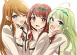  3girls :d ;d ahoge blazer blush brown_hair green_hair green_hairband hairband hand_on_own_chin idolmaster idolmaster_million_live! jacket looking_at_viewer multiple_girls one_eye_closed school_uniform shimabara_elena simple_background sketch smile stroking_own_chin tanaka_kotoha tokoro_megumi upper_body v v_over_mouth white_background yaegashi_(yegs1227) 