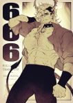  1boy 666 abs arm_up bara bare_pectorals bear_shakra braid brown_theme chest_hair collar collared_shirt demon_boy demon_horns demon_tail feet_out_of_frame goatee_stubble highres horns large_pectorals long_hair looking_at_viewer male_focus mature_male milestone_celebration multiple_braids muscular muscular_male navel navel_hair nipples no_nipples open_clothes open_shirt original pectorals scar scar_on_cheek scar_on_face shirt sideburns smirk solo stomach swept_bangs tail thick_eyebrows undercut veins veiny_arms 