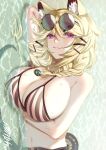  1girl animal_ears blonde_hair braid breasts cat_ears character_request copyright_request eyewear_on_head fang glasses highres jewelry large_breasts looking_at_viewer lying lying_on_water medium_hair memetaroh necklace on_side purple_eyes smile snake_tail solo swimsuit tail 