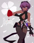  1girl belt black_belt black_gloves black_hairband black_leotard black_thighhighs blood_drip breasts center_opening commentary_request dark-skinned_female dark_skin expressionless fate/grand_order fate_(series) feet_out_of_frame fingerless_gloves gloves grey_background hair_between_eyes hairband hassan_of_serenity_(fate) highres holding holding_knife knife kunai kuri_dora leotard long_bangs looking_at_viewer medium_breasts open_mouth pouch purple_eyes purple_hair short_hair solo thighhighs weapon 