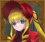  1girl absurdres blonde_hair blue_eyes bonnet bow bowtie brown_bow brown_bowtie capelet closed_mouth commentary_request drill_hair drill_sidelocks expressionless flower_brooch frilled_capelet frills hair_between_eyes highres looking_at_viewer medium_bangs picture_frame red_headwear rozen_maiden shinku sidelocks solo tsuyuno_ameko twintails upper_body 