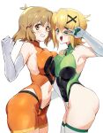  2girls absurdres akatsuki_kirika asymmetrical_docking blonde_hair blush bodysuit breast_press breasts covered_navel elbow_gloves gloves green_eyes green_thighhighs hair_ornament hairclip hand_on_another&#039;s_hip highres large_breasts leotard light_brown_hair looking_at_viewer multiple_girls navel negresco open_mouth orange_bodysuit orange_eyes senki_zesshou_symphogear shiny_skin short_hair smile standing striped striped_thighhighs tachibana_hibiki_(symphogear) thighhighs v_over_eye x_hair_ornament 