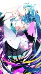  1girl aqua_eyes aqua_hair aqua_necktie bare_shoulders black_sleeves blush breasts closed_eyes commentary detached_sleeves facing_up hatsune_miku highres long_hair medium_breasts necktie petals smile solo symbol-only_commentary thighhighs tochi_keisuke twintails very_long_hair vocaloid 