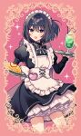  1girl :d apron black_bow black_bowtie black_dress black_hair blush bow bowtie cowboy_shot dot_nose dress drink edward-el food frilled_apron frills glass hair_between_eyes hair_bow hair_ornament hairclip heart highres holding holding_tray inset_border juliet_sleeves ketchup long_sleeves looking_at_viewer maid maid_headdress medium_hair name_tag omelet open_mouth original ornate_border petticoat pink_eyes pleated_skirt puffy_sleeves sidelocks skirt smile sparkle tray white_apron white_skirt x_hair_ornament 