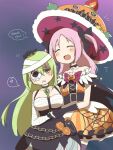  2girls :d alina_gray alina_gray_(halloween_ver.) annoyed bandaged_arm bandaged_head bandages belt black_belt black_bow black_cape black_choker black_gloves black_skirt blush bow bow_choker bubble_skirt cape chain choker closed_eyes english_text gloves green_eyes green_hair hair_bow halloween_costume hand_on_another&#039;s_head holding_hands keiru long_hair magia_record:_mahou_shoujo_madoka_magica_gaiden magical_girl mahou_shoujo_madoka_magica mask_over_one_eye misono_karin misono_karin_(halloween_ver.) multiple_girls official_alternate_costume open_mouth orange_shirt orange_skirt parted_bangs pendant_choker print_headwear print_skirt pumpkin_hat sarashi shirt single_hair_ring skirt smile spider_web_print star_(symbol) star_choker two_side_up wide_brim 