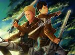  2boys back-to-back bertolt_hoover black_hair blonde_hair cloud cloudy_sky feet_out_of_frame fighting_stance frown gradient_sky holding holding_sword holding_weapon jacket leather leather_jacket looking_at_viewer male_focus multiple_boys pants paradis_military_uniform reiner_braun shingeki_no_kyojin short_hair sky smoke_signal sunlight survey_corps_(emblem) sword three-dimensional_maneuver_gear weapon white_pants xzeres_(xzodust) 