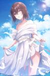  1girl blue_sky blush breasts brown_eyes brown_hair cleavage cloud dated day dress furutaka_(kancolle) hair_between_eyes heterochromia highres kabocha_torute kantai_collection looking_at_viewer off-shoulder_dress off_shoulder official_alternate_costume open_mouth outdoors short_hair skirt_hold sky solo twitter_username wading water water_drop white_dress yellow_eyes 