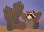  2022 4_toes aliscik animated anthro barefoot brown_body brown_fur claws countershade_feet countershading crossed_ankles crossed_feet digital_media_(artwork) feet feet_on_table foot_fetish foot_focus fur furniture gradient_background guardians_of_the_galaxy hands_behind_back hindpaw humanoid_feet looking_at_viewer male mammal marvel movement nude paws plantigrade procyonid purple_background purplepawprince raccoon reclining rocket_raccoon simple_background sitting smile soles solo table tan_body tan_fur toe_claws toes whiskers wrinkled_feet 