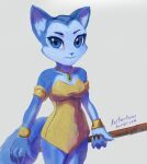  2016 anthro blue_body blue_eyes blue_fur breasts canid canine clothing collarbone dinosaur_planet eyebrows female fox fur jewelry krystal_(dinosaur_planet) looking_at_viewer mammal necklace pendant raikoh-illust rareware small_breasts smile solo white_body white_fur 