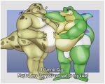  anthro bellies_touching belly belly_overhang big_belly big_butt briefs bulge butt clothing convenient_censorship cuz_(gex) dialogue duo english_text gecko gex_(series) gex_the_gecko green_body hand_on_another&#039;s_belly krowbutt lizard male male/male moobs nude obese obese_male overweight overweight_anthro overweight_male question_mark reptile scalie simple_background tail talking_to_another talking_to_partner text thick_tail thick_thighs underwear 