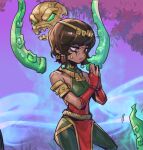  1girl bare_shoulders breasts brown_hair dark-skinned_female dark_skin dress fingerless_gloves floating floating_object gloves grass green_pants green_shirt karma_(league_of_legends) league_of_legends looking_at_hands magic outdoors own_hands_together pants phantom_ix_row pink_eyes purple_background red_dress red_gloves shirt short_hair sidelocks small_breasts solo sweat tentacles tree 