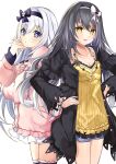  2girls alternate_costume amaton707 arusu_maria arusu_marina black_jacket blue_eyes breasts date_a_live dress frilled_dress frills grey_hair hairband highres jacket long_hair looking_at_viewer multiple_girls open_mouth short_shorts shorts small_breasts white_hair yellow_dress yellow_eyes 