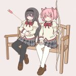  2girls akemi_homura arrow_(projectile) arrow_in_body black_hair black_leggings black_skirt blush bow bow_(weapon) bowtie brown_footwear collar crossed_arms father_shot_by_son_(meme) grey_background hand_on_own_thigh holding holding_bow_(weapon) holding_weapon jewelry juliet_sleeves kaname_madoka leggings loafers long_hair long_sleeves mahou_shoujo_madoka_magica meme miniskirt mitakihara_school_uniform multiple_girls pink_eyes pink_hair plaid plaid_skirt pleated_skirt pocket puffy_sleeves purple_eyes reclining red_bow red_bowtie ring school_uniform shoes short_hair sitting skirt smile sweater weapon white_collar white_leggings wooden_bench yellow_sweater yuno385 