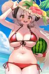  1girl :d armpits bare_shoulders beach bikini blue_archive blue_sky blush breasts cleavage cloud collarbone cowboy_shot curled_horns day flower food fruit hair_between_eyes hair_flower hair_ornament halo halterneck hat holding holding_food horns izumi_(blue_archive) izumi_(swimsuit)_(blue_archive) large_breasts long_hair looking_at_viewer navel ocean open_mouth outdoors red_bikini sky smile solo standing stomach straw_hat swimsuit thighs ushimittsu watermelon yellow_eyes 