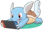  anthro blue_body blue_scales brown_shell colrblnd countershading fluffy fluffy_ears fluffy_tail generation_1_pokemon grass happy holding_object licking licking_lips logo lying male nintendo nintendo_switch on_front plant pokeball pokeball_(marking) pokemon pokemon_(species) scales shell smile solo tail tongue tongue_out wartortle wide_eyed 