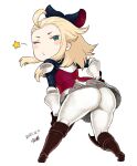  1girl ahoge ass blonde_hair blue_eyes boots bow bravely_default:_flying_fairy bravely_default_(series) commentary dated edea_lee from_behind full_body gloves hair_bow long_hair looking_at_viewer looking_back one_eye_closed pants simple_background solo tsukudani_(coke-buta) white_background 