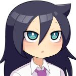  1girl bags_under_eyes black_hair blue_eyes blush bright_pupils collared_shirt commentary_request expressionless grey_background hospital_king kuroki_tomoko long_bangs long_hair looking_up necktie open_mouth portrait purple_necktie shirt simple_background solo watashi_ga_motenai_no_wa_dou_kangaetemo_omaera_ga_warui! white_pupils white_shirt 