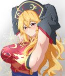  1girl adapted_costume armpits arms_behind_head arms_up blonde_hair blush breasts commentary_request detached_sleeves gold_trim gradient_background grey_background highres junko_(touhou) large_breasts light_smile long_hair looking_at_viewer naked_tabard red_eyes sideboob simple_background solo tabard tasuku_(tusktouhou4) touhou very_long_hair wavy_hair 