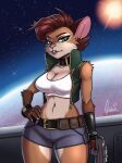  anthro atmosphere belt big_breasts bottomwear bracelet breasts choker cleavage clothed clothing countershading crop_top cropped_jacket ear_piercing female green_eyes gun hair hand_on_hip hi_res high_collar holding_gun holding_object holding_weapon hotpants jewelry linnea_araska looking_at_viewer mammal midriff murid murine navel necklace piercing planet pouches ranged_weapon rat red_hair rodent shirt shorts solo space star sun tank_top thegantian topwear weapon zipper 