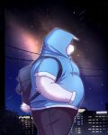  2023 anthro backpack bear belly big_belly black_nose clothing detailed_background hi_res hoodie kemono kemonuo male mammal night outside overweight overweight_male polar_bear solo star topwear ursine walking white_body 