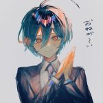  1boy ahoge black_hair blue_hair blue_necktie blush collared_shirt danganronpa_(series) danganronpa_v3:_killing_harmony eyelashes grey_background hair_between_eyes highres jacket long_sleeves looking_at_viewer male_focus multicolored_hair necktie orange_eyes own_hands_together saihara_shuichi shirt simple_background smile solo sweat upper_body white_shirt ze_ro_saiji 