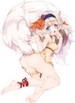  1girl animal_ears ankle_ribbon ass barefoot blonde_hair blue_eyes blue_hairband blush bottomless bow butt_crack dress full_body hair_ornament hairband kneeling large_tail leg_ribbon long_hair looking_at_viewer no_panties open_mouth orange_bow original red_ribbon ribbon simple_background soles solo tail teranekosu white_background yellow_dress 