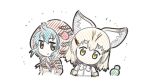  2girls appleq bare_shoulders blonde_hair blue_hair bow bowtie brown_eyes brown_hair brown_jacket cactus closed_mouth commentary_request cropped_torso hair_between_eyes head_tilt highres hood hood_up hooded_jacket jacket kemono_friends multicolored_hair multiple_girls pink_ribbon ribbon sand_cat_(kemono_friends) shirt simple_background sleeveless sleeveless_shirt smile tsuchinoko_(kemono_friends) two-tone_hair upper_body white_background white_bow white_bowtie white_shirt yellow_eyes 