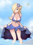  1girl bare_shoulders bikini blonde_hair blue_eyes breasts cleavage collarbone earrings flower hair_flower hair_ornament hair_over_one_eye highres jewelry long_hair looking_at_viewer mario_(series) navel ocean open_mouth partially_submerged rosalina sarong solo star_(symbol) star_earrings super_mario_galaxy swimsuit thedarkestuno 