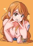  1girl aosora2823 arm_tattoo bare_shoulders belly_sign blush bracelet breasts cleavage double_v grin heart highres jewelry large_breasts log_pose long_hair looking_at_viewer nami_(one_piece) one_piece orange_background orange_hair simple_background smile solo tattoo twitter_username v very_long_hair 