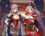  2girls absurdres alternate_costume blush breasts brown_cape brown_gloves brown_pantyhose cape cecilia_(fire_emblem) cecilia_(fire_emblem)_(cosplay) cecilia_(winter)_(fire_emblem) christmas cleavage closed_mouth commentary commission cosplay crossed_arms curled_horns dress english_commentary facial_mark fire_emblem fire_emblem_heroes fishnet_pantyhose fishnets forehead forehead_mark freyja_(fire_emblem) fur-trimmed_cape fur-trimmed_dress fur_trim gloves goat_horns grey_hair hair_ornament hand_on_own_hip highres horns indoors large_breasts leotard long_hair manuela_casagranda manuela_casagranda_(cosplay) manuela_casagranda_(winter) marion_(marionette_ink) merry_christmas multiple_girls pantyhose plumeria_(fire_emblem) pointy_ears ponytail red_cape red_dress red_eyes red_horns red_leotard white_hair 