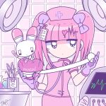  1girl black_eyes blunt_bangs bow ezaki_bisuko gloves hat heart hospital menhera-chan_(ezaki_bisuko) menhera-chan_(ezaki_bisuko)_(character) nurse nurse_cap pink_hair purple_bow rabbit solo stethoscope twintails yami_kawaii yume_kawaii 