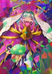  1girl blue_hair breasts cape cloak crazy_eyes crazy_smile fate/grand_order fate_(series) gold_trim gradient_hair green_hair hair_over_eyes hat highres holding holding_mushroom locusta_(fate) multicolored_hair mushroom open_mouth purple_background purple_cloak purple_eyes purple_headwear shiushiu_kurauneru_plus smile solo teeth tongue tongue_out upper_body 