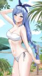  1girl absurdres bikini blue_eyes blue_hair braid breasts highres kaetzchen long_hair looking_at_viewer medium_breasts minah_(chaesu) navel original side-tie_bikini_bottom single_braid solo stomach strapless strapless_bikini string_bikini swimsuit thighs very_long_hair white_bikini 