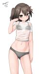  1girl absurdres ass_visible_through_thighs bra_visible_through_clothes breasts brown_eyes contrapposto dated feet_out_of_frame grey_panties hair_ornament hairclip highres kantai_collection maru_(marg0613) one-hour_drawing_challenge panties see-through see-through_shirt sendai_(kancolle) sendai_kai_ni_(kancolle) shirt simple_background small_breasts standing t-shirt twitter_username two_side_up underwear white_background 