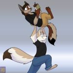  1:1 anthro barefoot black_nose brown_hair canid canine canis carrying_another clothed clothing coyote dipstick_tail duo feet foxenawolf fur gloves_(marking) gohan_(sonofgoku) gradient_background hair looking_down male mammal markings notebook simple_background tail tail_markings tan_body tan_fur 