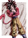  1boy absurdres biceps blue_sash blue_wristband body_fur closed_mouth crossed_arms dragon_ball dragon_ball_gt full_body highres looking_at_viewer male_focus monkey_boy monkey_tail muscular muscular_male pants pectorals red_fur saiyan sash simple_background smirk solo spiked_hair standing super_saiyan super_saiyan_4 tail ushi_(akabec0) wristband 