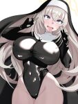  1girl ahegao black_headwear blue_archive breasts covered_navel covered_nipples double_v elbow_gloves gloves grey_hair habit halo highleg highleg_leotard huge_breasts justina_follower_(blue_archive) leotard long_hair nun purple_eyes rolling_eyes sakurako_(blue_archive) shigatsu_shizuki simple_background solo tongue tongue_out v very_long_hair white_background 