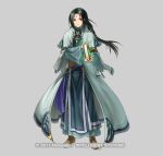  1boy black_hair black_robe book boots brown_footwear coat commentary_request fire_emblem fire_emblem:_radiant_dawn fire_emblem_heroes full_body grey_background holding holding_book kita_senri long_hair long_sleeves male_focus official_alternate_costume official_art open_clothes open_coat red_eyes robe simple_background solo soren_(fire_emblem) standing very_long_hair white_coat wide_sleeves 