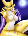 2018 3_fingers absurd_res anthro bandai_namco bedroom_eyes black_nose black_sclera breasts chest_tuft clothing digimon digimon_(species) digital_drawing_(artwork) digital_media_(artwork) featureless_breasts female fingerless_gloves fingers fluffy_chest fur gloves hand_on_own_face handwear hi_res looking_at_viewer moon mtapartstuff multicolored_body multicolored_fur narrowed_eyes renamon seductive signature smile smiling_at_viewer solo teal_eyes tuft two_tone_body two_tone_fur white_body white_fur yellow_body yellow_fur 