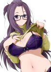  1girl absurdres arms_up bangs_pinned_back black-framed_eyewear blue_eyes blush bra breasts cleavage clothes_lift eggman_(pixiv28975023) forehead glasses green_sweater highres kagamihara_sakura lace_trim large_breasts lifted_by_self long_hair long_sleeves looking_at_viewer navel panties purple_bra purple_eyes purple_hair purple_panties revision ribbed_sweater simple_background solo stomach sweater sweater_lift underwear upper_body white_background yurucamp 