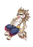  absurd_res anthro black_sclera blush bottomwear brown_body brown_fur canid canine canis clothed clothing dessert ear_piercing food fur green_eyes hi_res ice_cream jackal kewthecat lifewonders male mammal piercing seth_(tas) shorts simple_background solo striped_body striped_fur stripes tokyo_afterschool_summoners tongue tongue_out topless topless_anthro topless_male white_body white_fur 