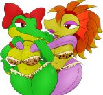  2022 absurd_res alligator alligatorid anthro bow_tie breasts clothing cro_funky crocodilian digital_drawing_(artwork) digital_media_(artwork) duo female green_body hi_res looking_at_another narrowed_eyes panties reptile scalie standing the_first_funky_fighter thick_thighs underwear zinzoa 