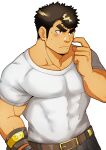  1boy arm_hair averting_eyes bara blush chest_hair_peek covered_abs cowboy_shot facial_hair finger_to_cheek forked_eyebrows goatee goatee_stubble hairy huge_eyebrows large_hands long_sideburns male_focus muscular muscular_male oskn_tengoku pectoral_cleavage pectorals shirt short_hair shy sideburns solo stubble sweatdrop takabushi_kengo tight_clothes tight_shirt tokyo_afterschool_summoners upper_body 