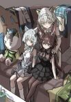  3girls alternate_costume amiya_(arknights) animal_ears arknights black_dress black_pantyhose blue_eyes blush breasts brown_hair cat_ears cat_girl choshanland_plushy_(arknights) cleavage couch dress green_eyes grey_hair hair_between_eyes hair_ornament highres jacket kal&#039;tsit_(arknights) looking_at_viewer medium_breasts multiple_girls panties pantyhose parted_lips rabbit_ears rabbit_girl rosmontis_(arknights) short_sleeves sidelocks sitting sleeveless sleeveless_dress small_breasts socks underwear unworn_jacket unworn_shirt whate=3r white_dress white_hair white_panties white_socks 