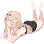  1girl absurdres an-94_(girls&#039;_frontline) aqua_eyes ass barefoot black_bra black_hairband black_panties blonde_hair bra breasts feet feet_up girls&#039;_frontline hair_ornament hairband hand_on_own_cheek hand_on_own_face head_rest highres kavni legs_up long_hair lying on_stomach panties shadow simple_background soles solo the_pose thighs toes underwear 