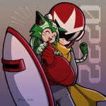  1boy cat cat_tail commentary_request helmet kys_knn male_focus mega_man_(classic) mega_man_(series) proto_man robot robot_cat scarf shade shield smile tail tango_(mega_man) yellow_scarf 