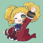  1girl ;d aikatsu!_(series) aikatsu_stars! arm_up blonde_hair blue_bow blush bow braid chibi commentary cropped_torso forehead green_background green_eyes hair_bobbles hair_ornament highres jacket long_hair looking_at_viewer nikaidou_yuzu nozo_(hitomiz) one_eye_closed open_clothes open_jacket red_jacket red_vest revision shirt simple_background single_braid smile solo thick_eyebrows twintails upper_body vest white_shirt 